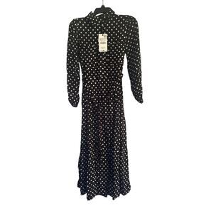 NWT Zara Black/White Polka Dot Dress Belted Front Buttons Midi Length Size XS